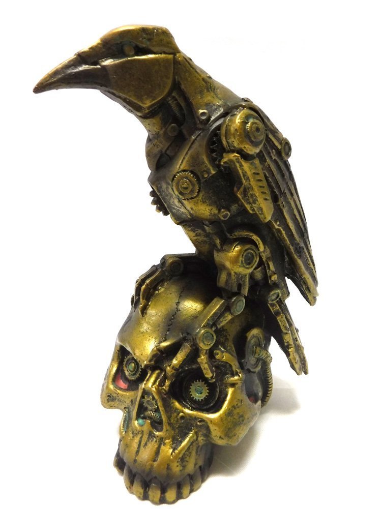 Statue corbeau steampunk crâne figurine résine gothique maison