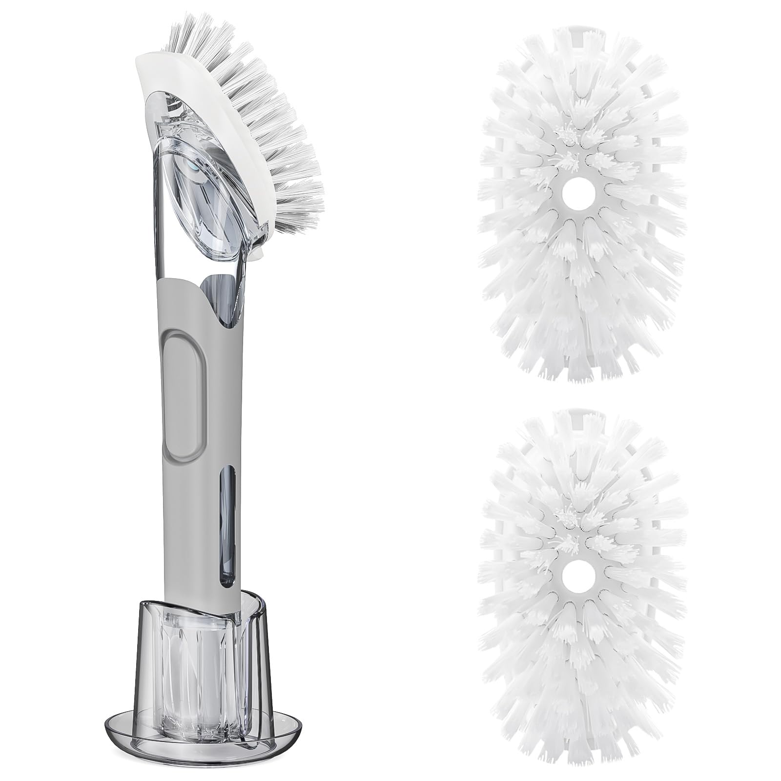 RIMAY - Juego de almacenamiento de cepillo de repuesto para dispensador de jabón con 2 recambios de cepillo y soporte, dispensador de fregar, fregar, fregar, cocina, lavavajillas, mango de varita para