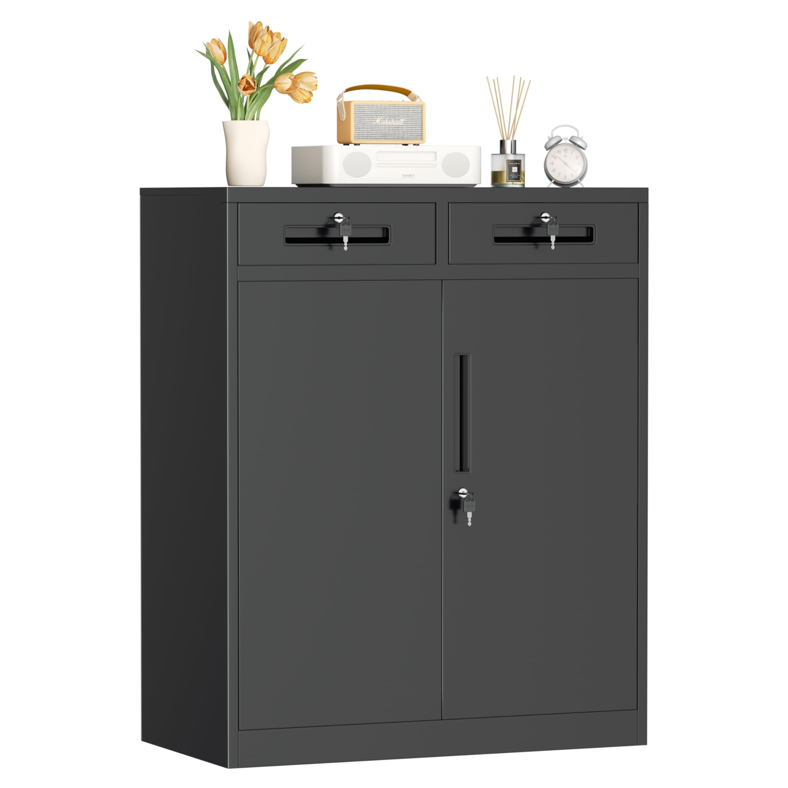INTERGREAT Metal Garage Storage Cabinets with Lock,Steel Storage Cabinet with Drawer and 2 Adjustable Shelves, Small Lockable Office Steel Cabinet for Home, Warehouse, School, Black