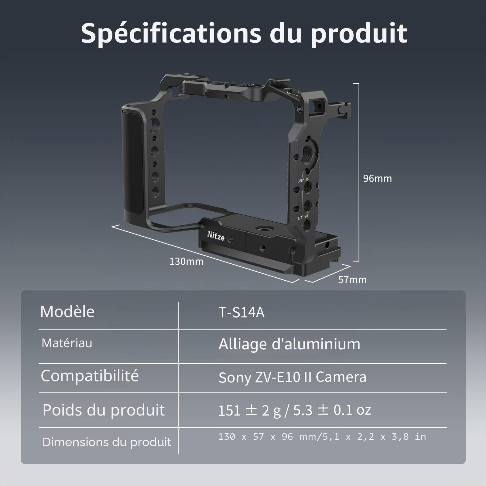 Nitze ZV-E10 II Cage pour Caméra Sony ZV-E10 II, avec 2 Rails NATO Intégrés, Cold Shoe Intégré, Poignée Ergonomique, Plaque de Fixation Rapide pour Arca-Swiss - T-S14A