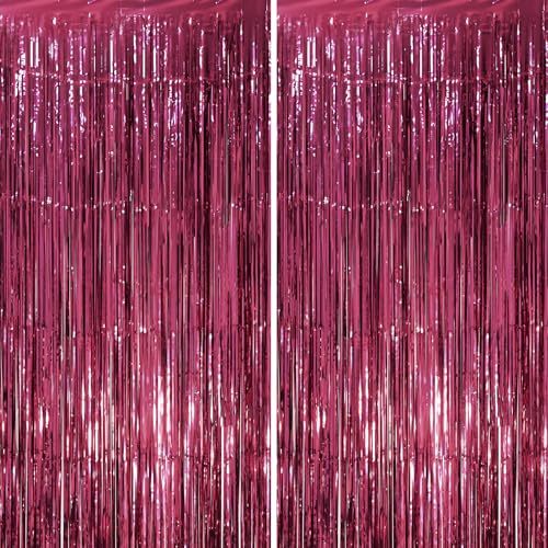 Image of Voircoloria 2 Pack Burgundy Foil Fringe Backdrop Curtains, Tinsel Streamers Party Decorations, Fringe Backdrop, Door Shimmer for Retro Theme Party