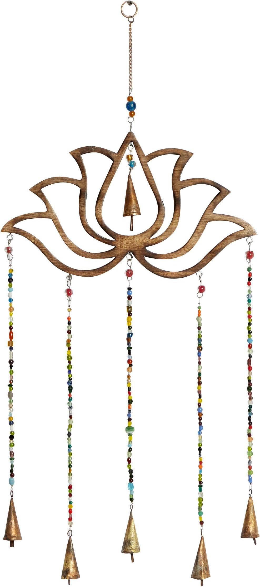 Eclectic Mango Wood Lotus Windchime with Bells, 15"L x 30"H, Gold