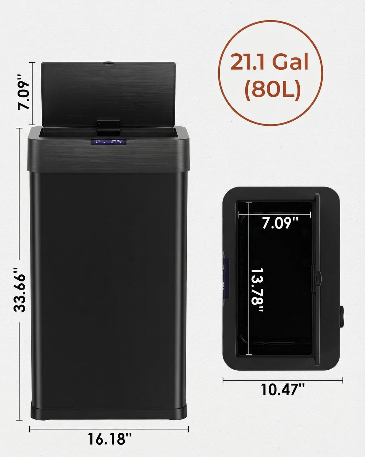 TLSUNNY 21.1 Gallon Motion Sensor Trash Can,Touchless Automatic Garbage Can,Brushed Stainless Steel Smart Bin,with Bag Holder,Soft Close Lid,for Kitchen,Office,RV,Bedroom,Living Room (Black, 80L)