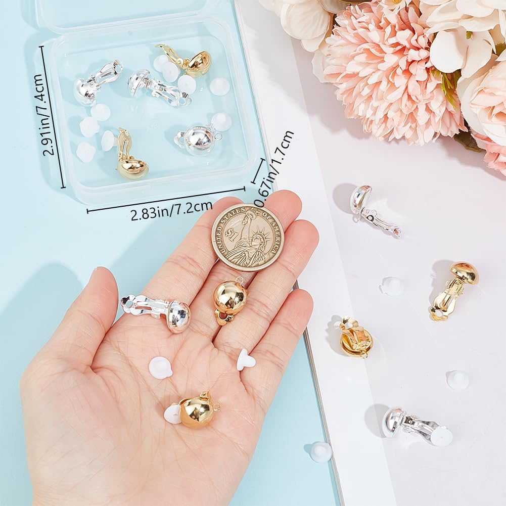 Beebeecraft 1 Box 16Pcs Clip-on Earring Findings 24K Gold & Sterling Silver Plated Half Round Clip On Earring Converter Non-Pierced Earrings Components and 20Pcs Ear Nuts for Earring Making