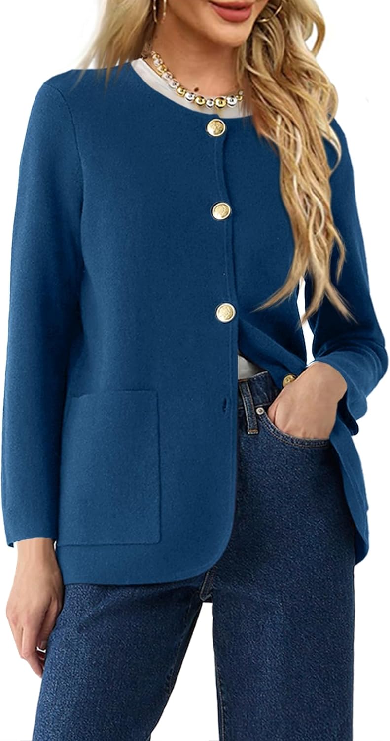 Langwyqu Womens Crew Neck Button Down Cardigan Sweaters Blazer Casual Long Sleeve Knit Solid Sweater with Pockets