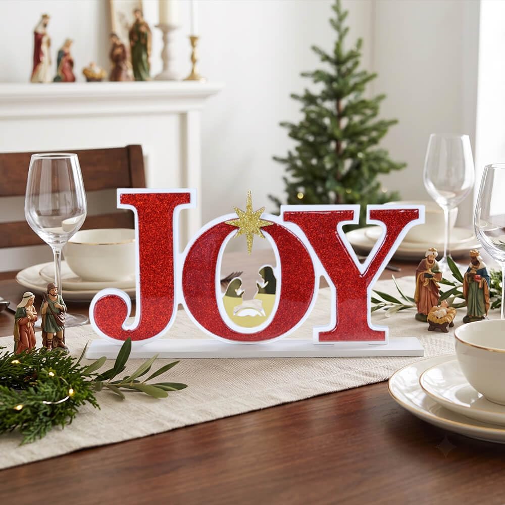 MEETYAMOR Christmas Decorations Indoor, Wood Joy Letter Nativity Scenes Set for Centerpiece Table Decorations, Wooden Nativity Religious for Xmas Decor, Christan Home, Tabletop, Mantel, Shelf, Gifts