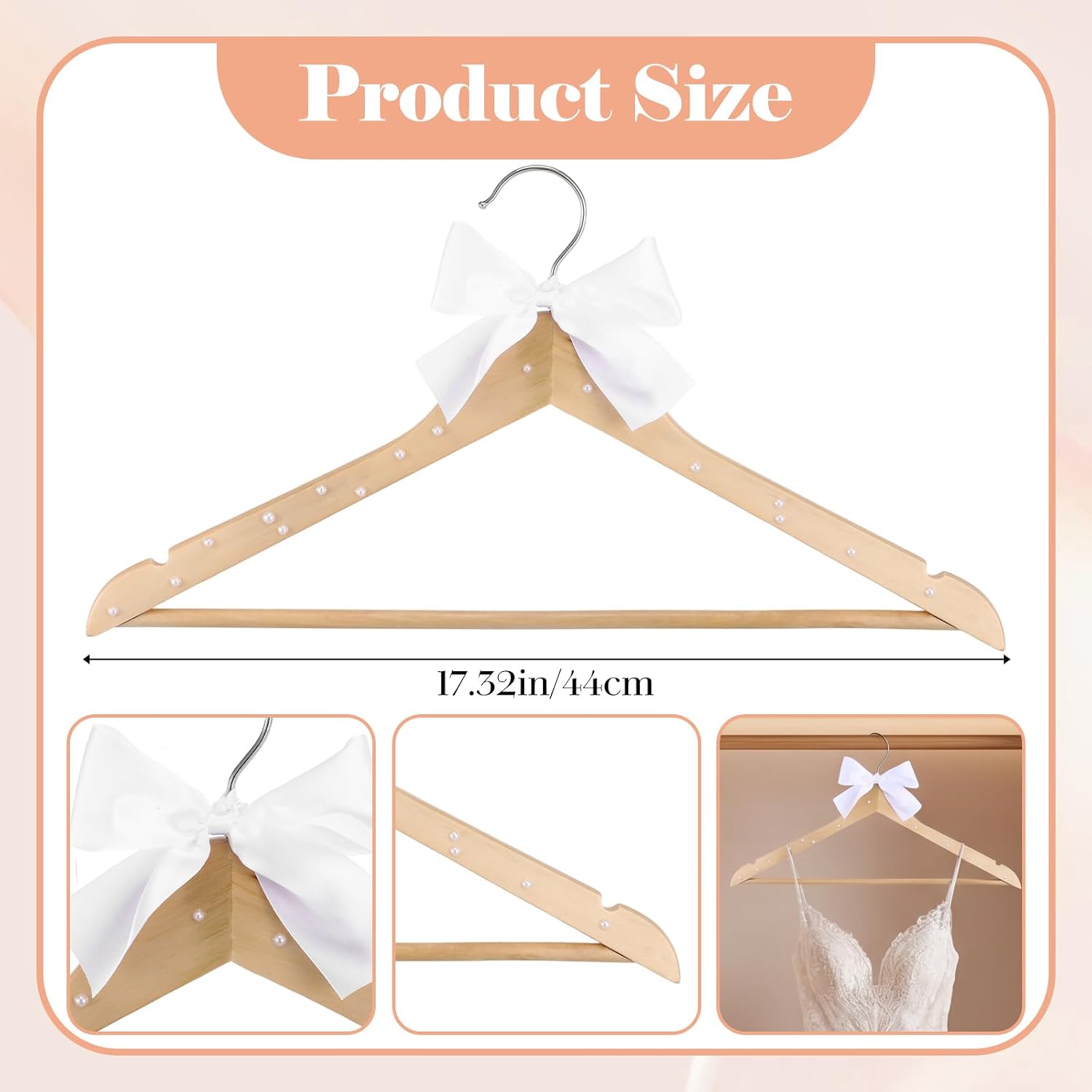 8 Pcs Bride Hanger Set for Wedding Gown, Bridesmaid Dress, Tuxedo – Maple Wood Pearl Bow Hangers, Elegant Keepsake for Bridal Shower, Photo Prop, Party Gift (White Pearl, 17.3 Inch)