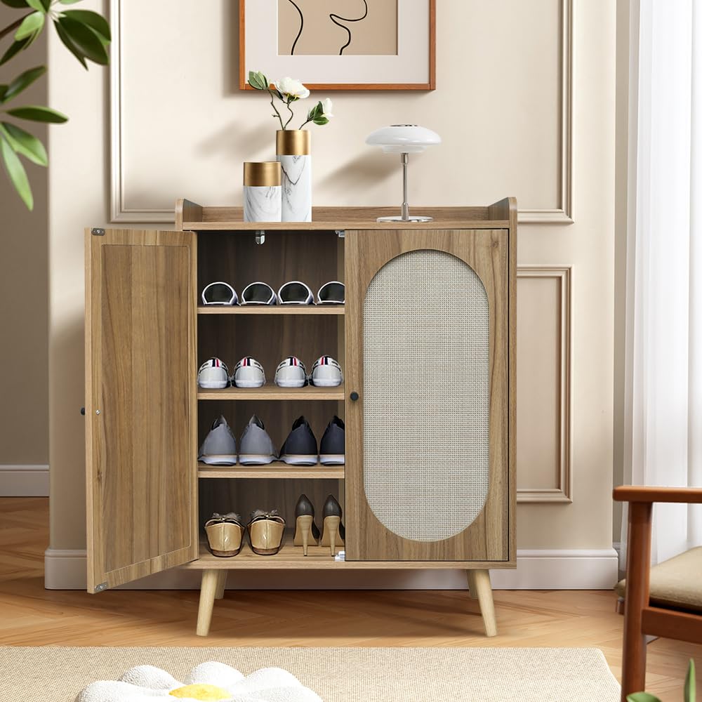 Affeivul Rattan Shoe Storage Cabinet, 2-Door Modern Entryway Console Table with Storage for Sneakers, High Heels (Walnut)