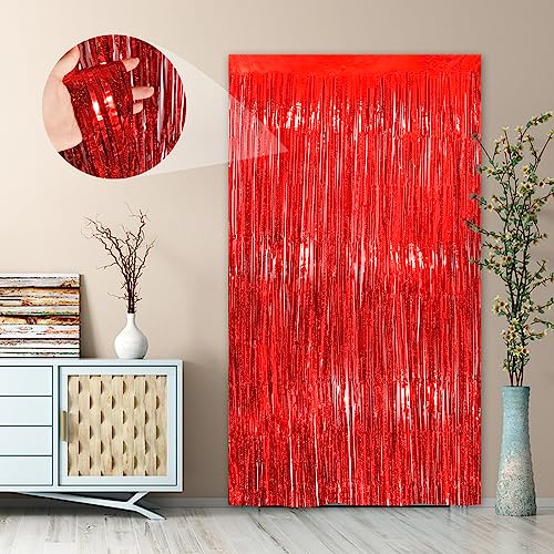 Image of Red Streamers Foil Fringe Curtain 3.3 x 8.3ft Party Streamers 2Pack Metallic Streamer Curtains Mermaid Birthday Themed Party Decorations Tinsel Curtain for Parties Streamers for Wedding Xmas Decor