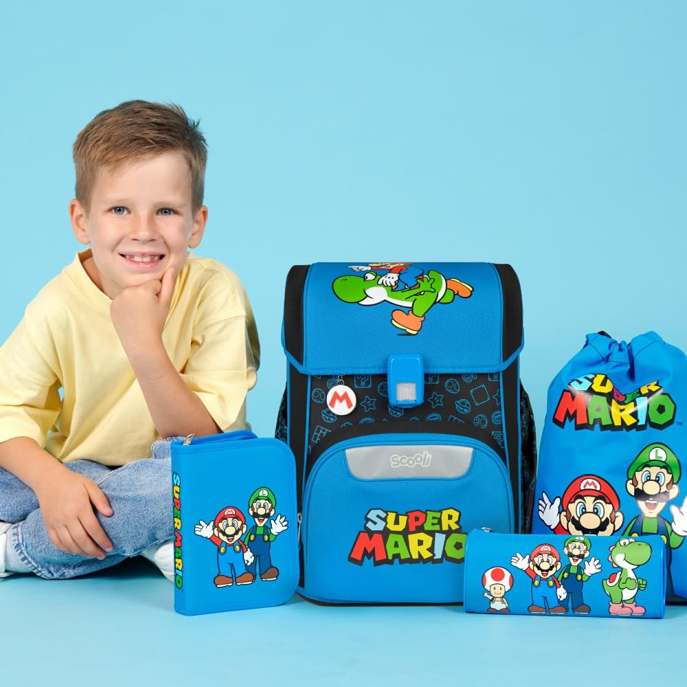 Scooli Schulranzen 1.Klasse Jungen EasyStart Schulranzen-Set geeignet für Super Mario-Fans (12tlg.mit Sporttasche Brotdose Trinkflasche Lernuhr Stifteköcher passend Platzdeckchen Schultüte)