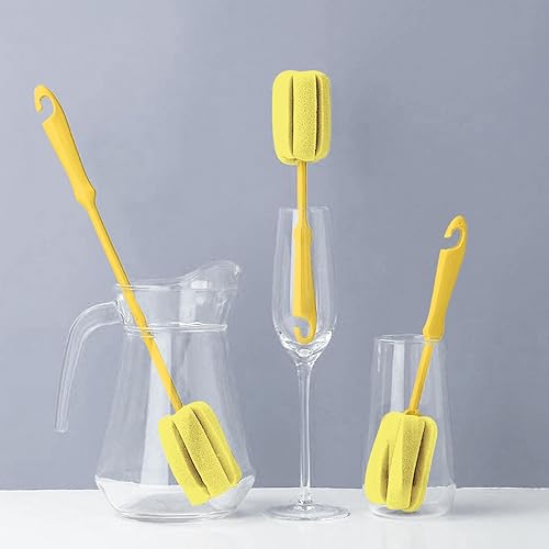 Miniatura 6 de Cepillo de limpieza de botellas de esponja suave amarillo con mango de plástico, cepillo de vasos, cepillo de lavado, florero, botella y olla