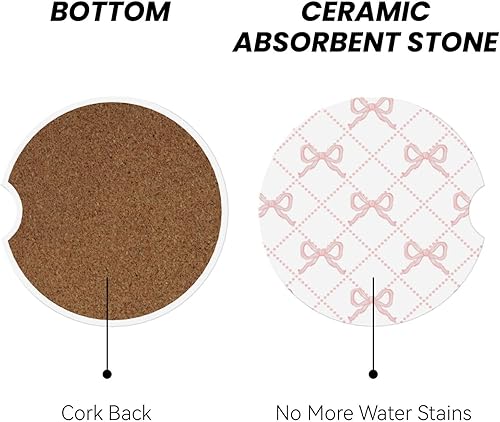 Miniatura 2 de Posavasos de automóvil con lazo rosa para portavasos de cerámica absorbente, paquete de 2 unidades, accesorios antideslizantes para el interior del