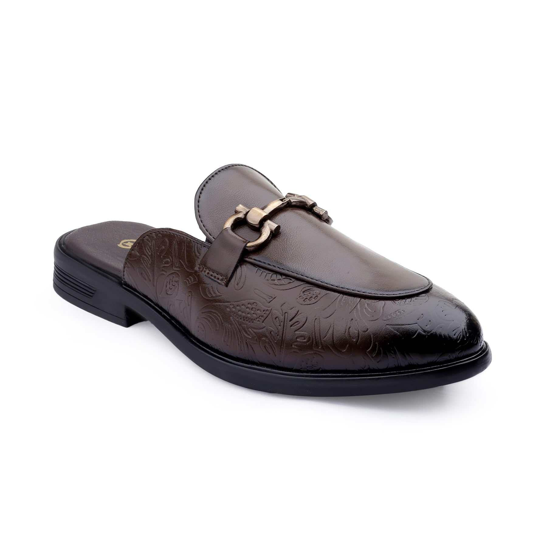 Men's Office Wear Open-Back Sandals | Embossed Textured Faux Leather Slip-On Mules with Metal Chain & Durable TPR Sole.-image-23
