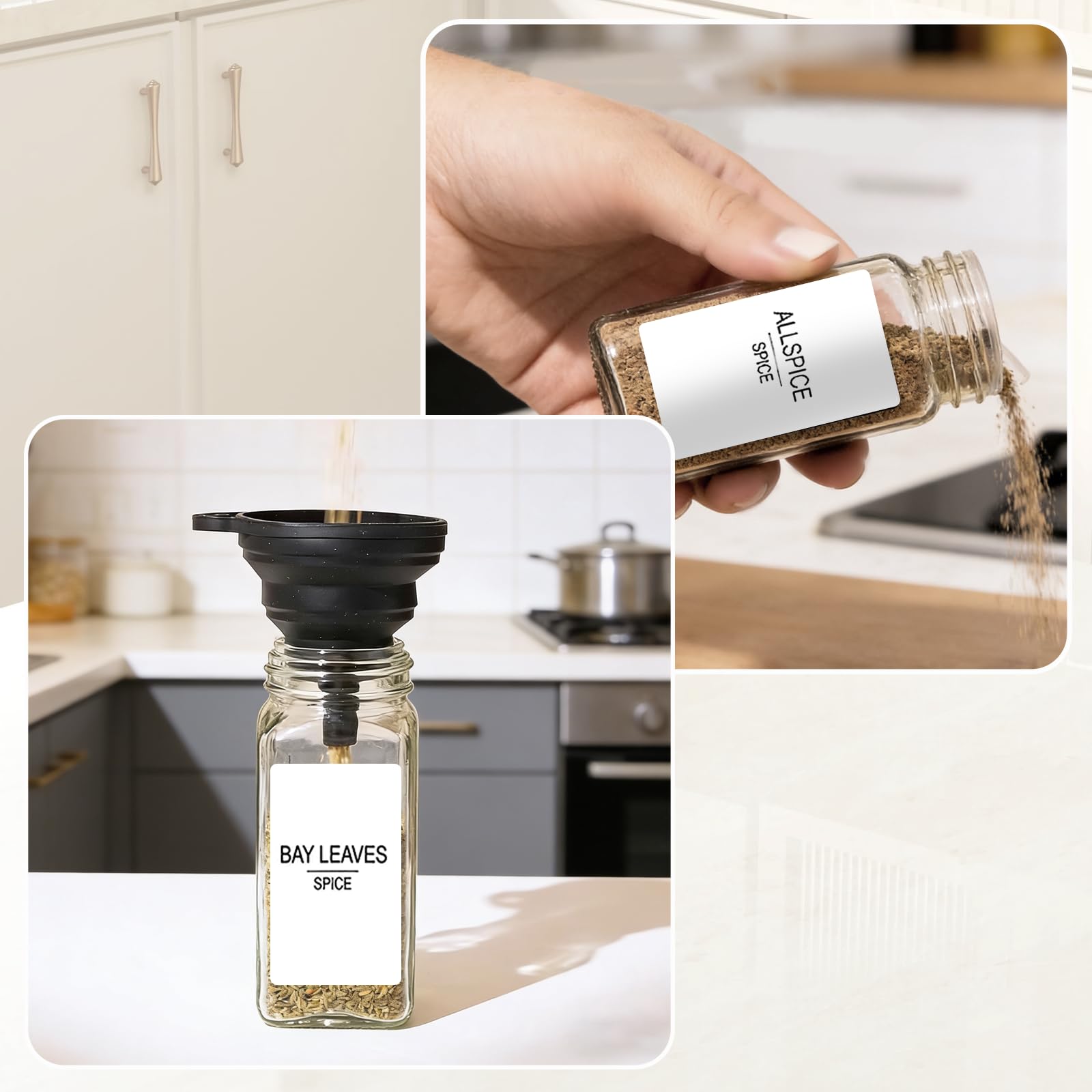 Set di 24 Barattoli per Spezie in Vetro Quadrati da 120ml, con Etichette, Coperchio Dispensatore, Imbuto – Portaspezie Organizzatore da Cucina, Barattoli Ermetici, Nero