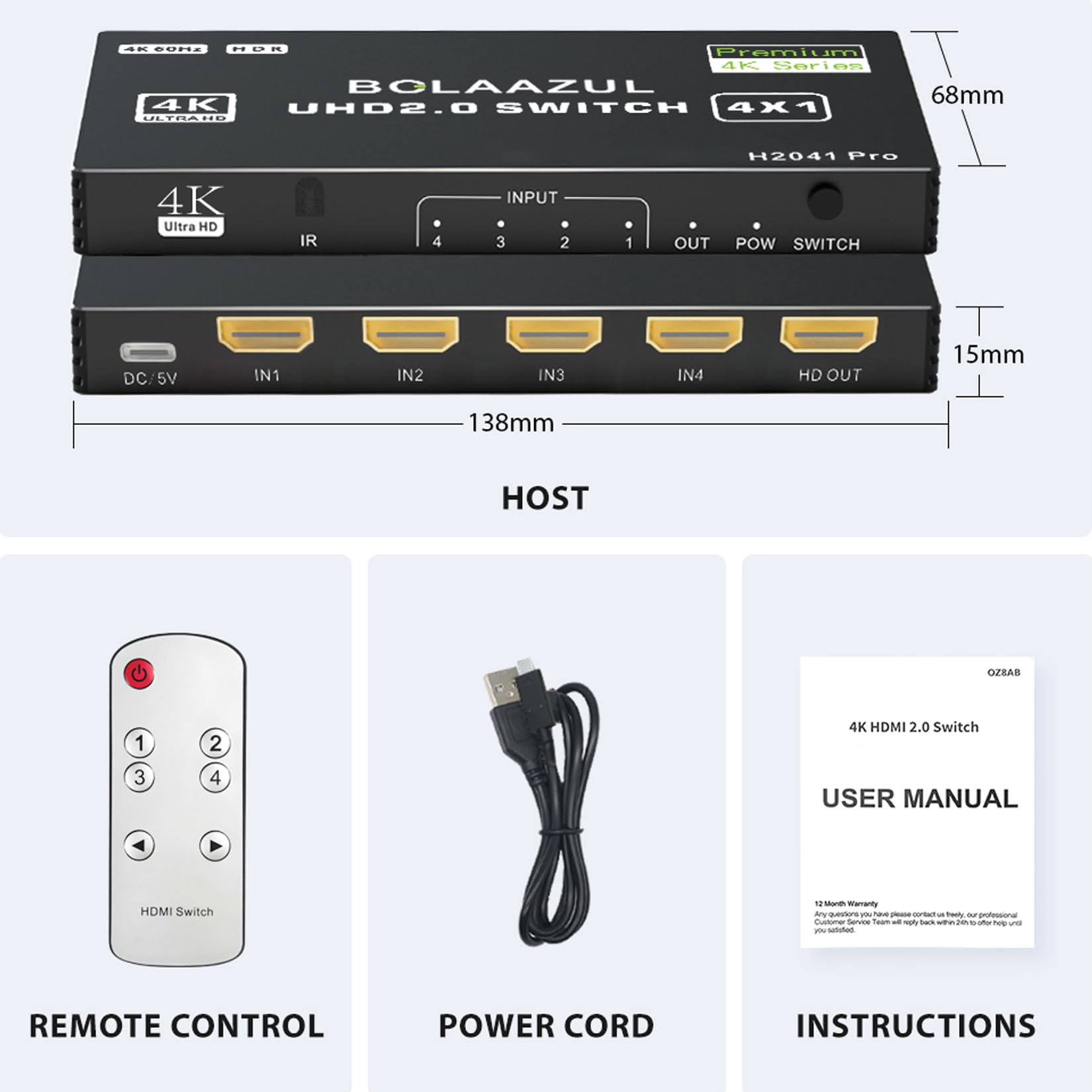 BolAAzuL Switch HDMI 4 in 1 Out 4K 60Hz, Port Expander Hub Selettore Commutatore Video Con Telecomando, Supporto 3D, HDCP2.2, HDR per PS5/PS4Pro/PS4, Xbox Series X/S