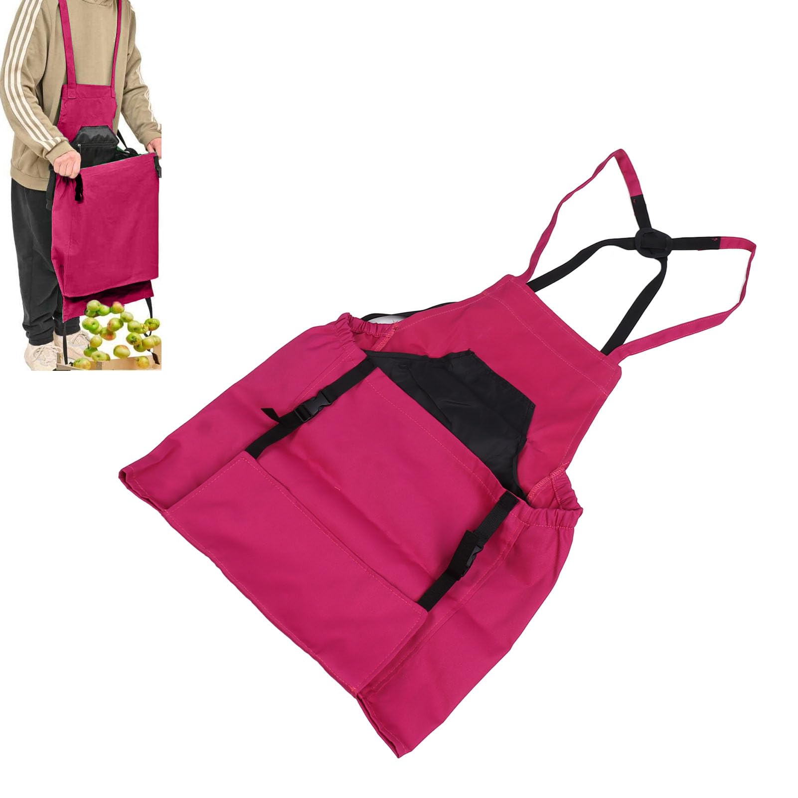 Tablier de Jardinage, Tablier de Cueillette de Fruits avec Pochette à Fermeture Rapide, Sacs de Cueillette de Légumes et de Fruits pour Hommes et Femmes, Cadeaux pour Jardiniers(Rose)