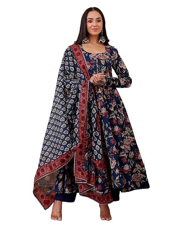 avayayat Women Viscose Rayon Printed Anarkali Kurta Pant Dupatta Set | Elegant Ethnic Wear for Festivals & Casual Occasions Tile Blue-picture-10