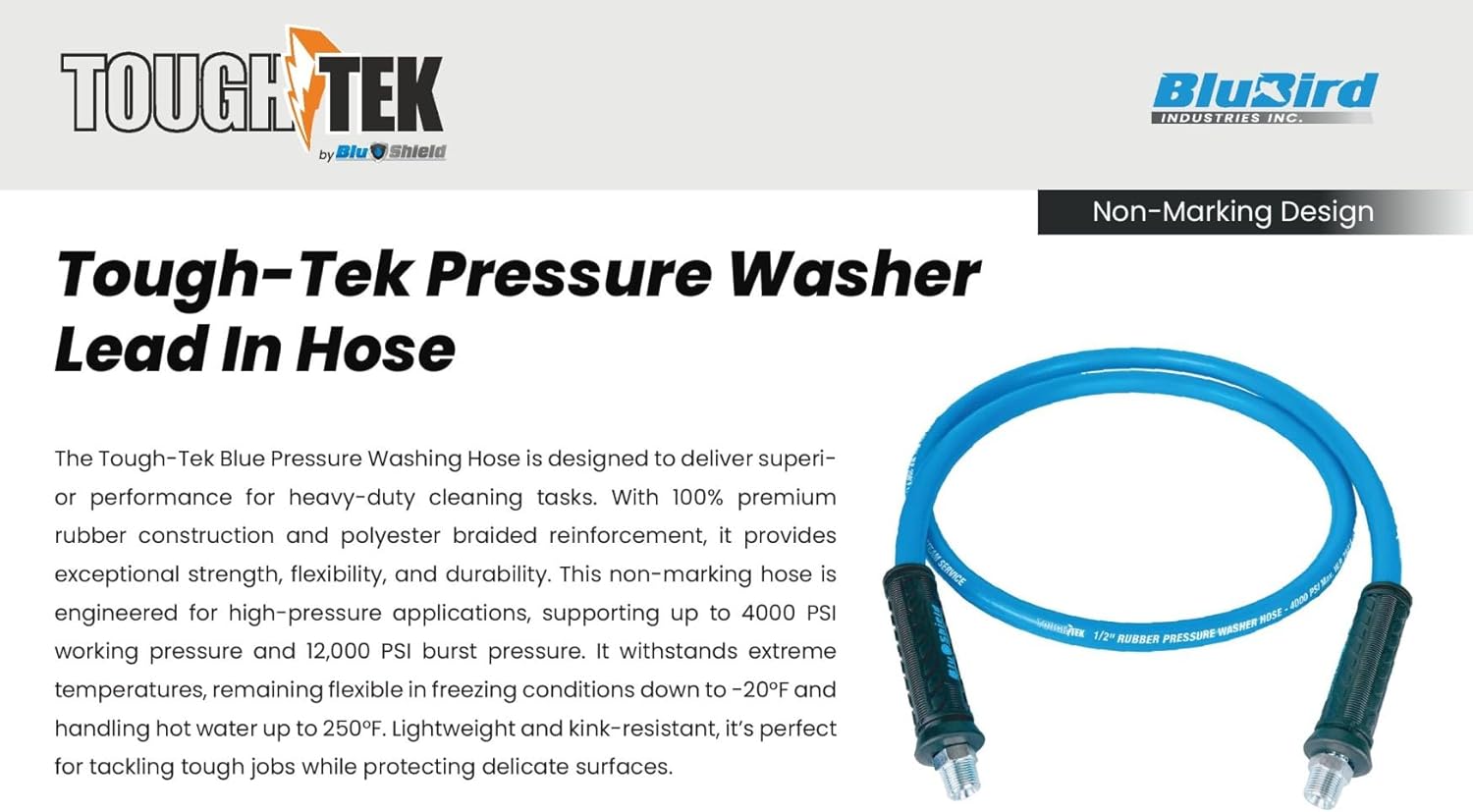 Tough-Tek TTPW1203-NM 1/2" x 3' Rubber Pressure Washing Hose: 4000 PSI, Heavy-Duty, Kevlar Reinforced, Kink-Resistant, Abrasion-Resistant, Hot & Cold Water, Commercial & Residential Use