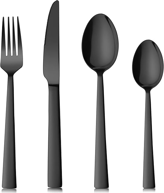 Herogo Black Cutlery Set, 16-Piece Stainless Steel Flatware Set Service for 4, Mirror Polished Silverware with Knife Fork Spoon, Elegant Cutleries for Home Restaurant Hotel, Dishwasher Safe (Black)
