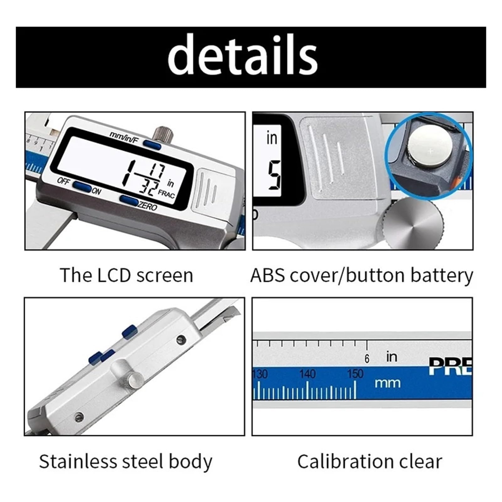 Calibrador digital de 150 mm y 6 pulgadas Calibrador de acero inoxidable Pantalla electrónica Vernier de fracción/mm/pulgadas