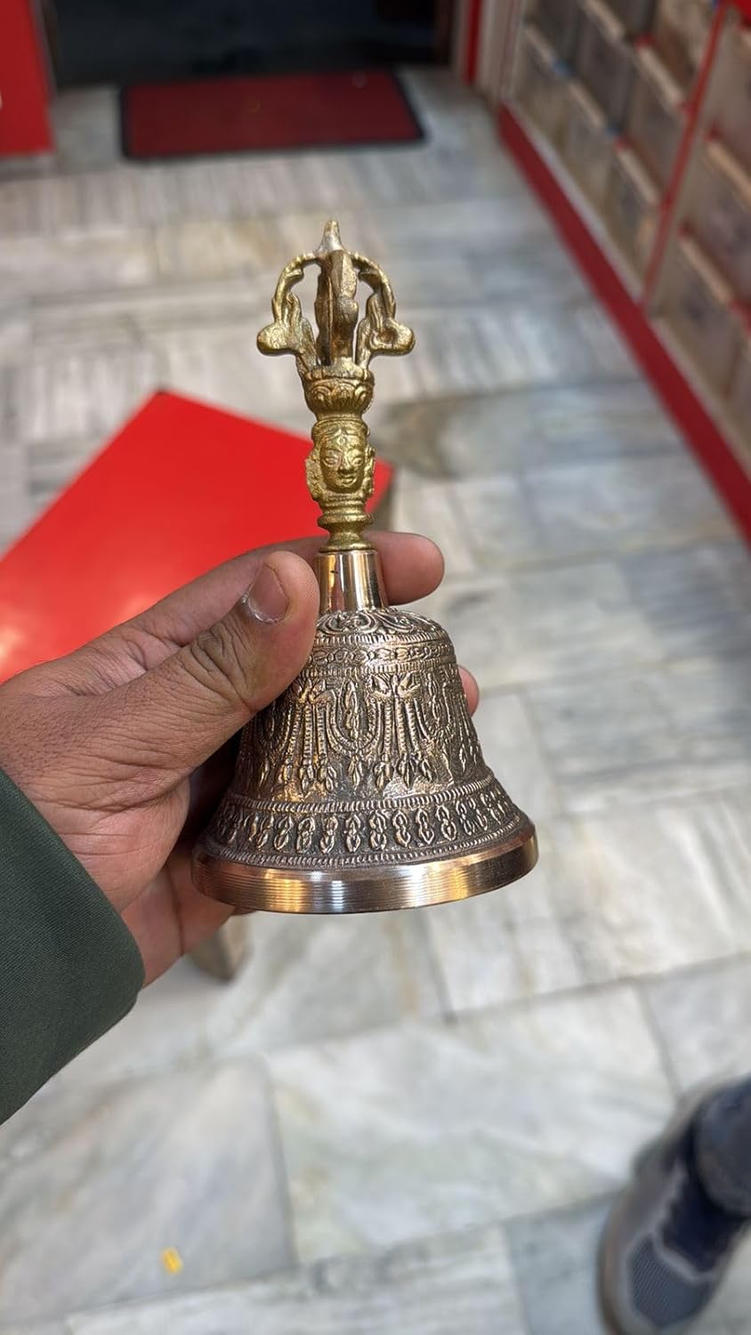 Traditional Brass Temple Bell with Ornate Carved Design, Antique Gold Finish, Decorative Handle, for Meditation and Home Decor