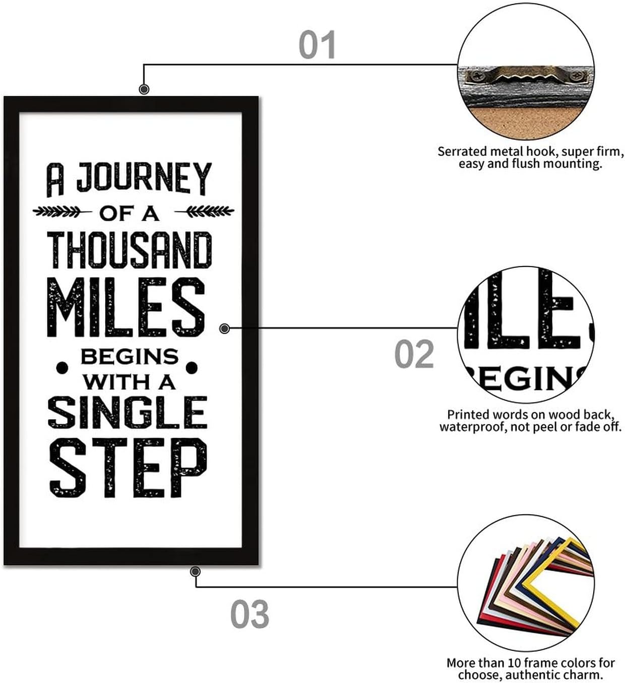 Encouragement Quote Framed Wood Sign Motivational Quote a Journey of a Thousand Miles Begins With a Single Step Black Frame Wooden Plaque for Laundry Room Cafe Bar Farmhouse Cottage Wall Decor 22x12in