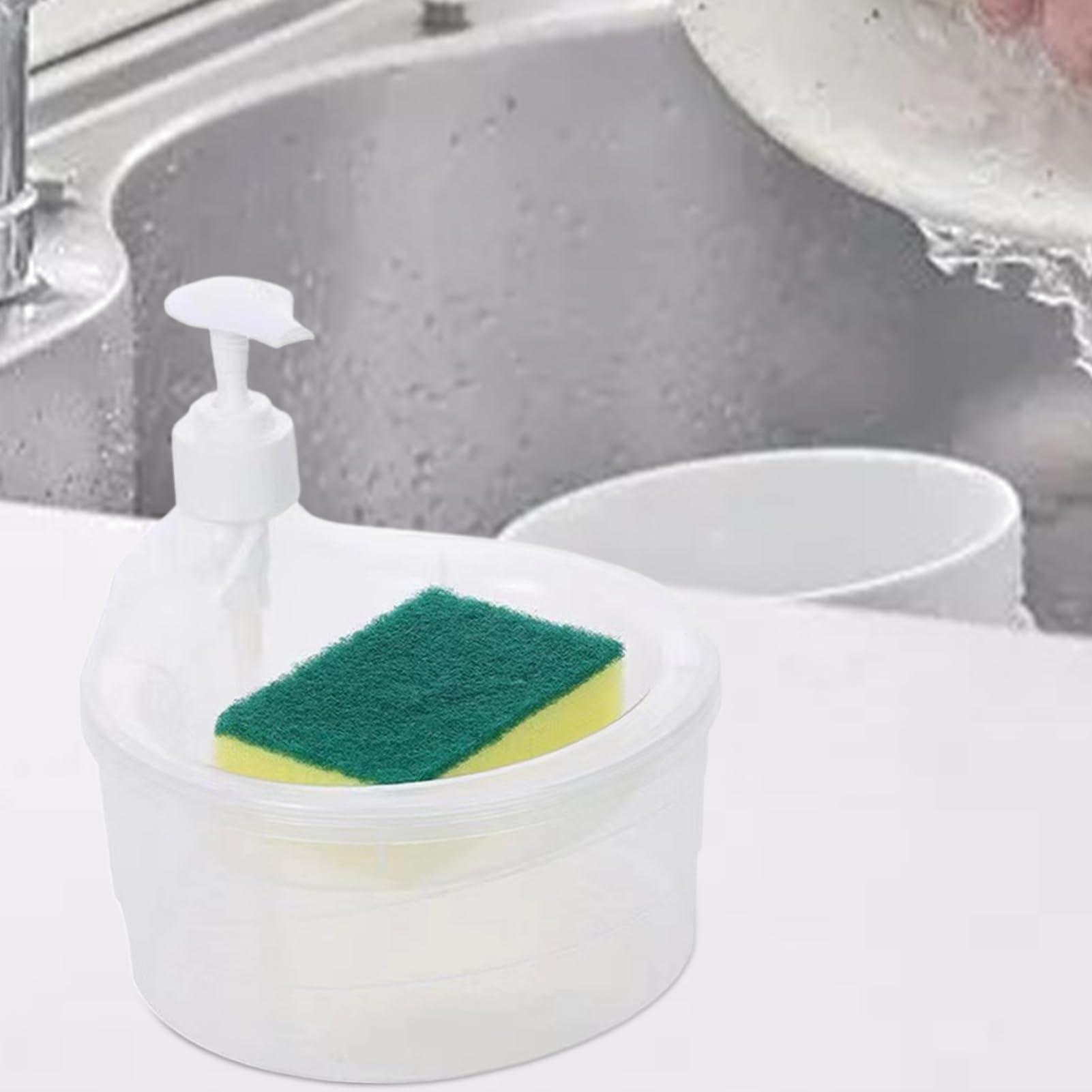 2-in-1 Dishwashing Dispenser with Sponge, Liquid Pump Bottle and Holder, Compact Sturdy Space-Saving Kitchen Sink Accessory for Cleaning Plates, Bowls, Glasses, and Utensils