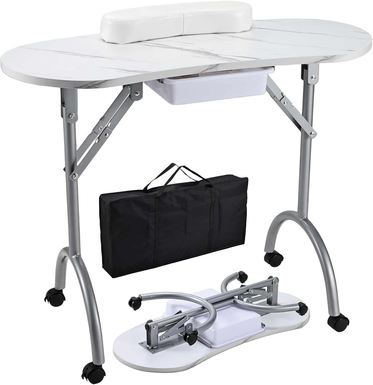 Portable Nail Desk Mobile Manicure Table Foldable Nail Technician Table with Wheels Rolling Mobile Manicure Workstation Desk with Drawer and Wrist Pad for Nail Art Studio, Salon, Spa (White Marble)
