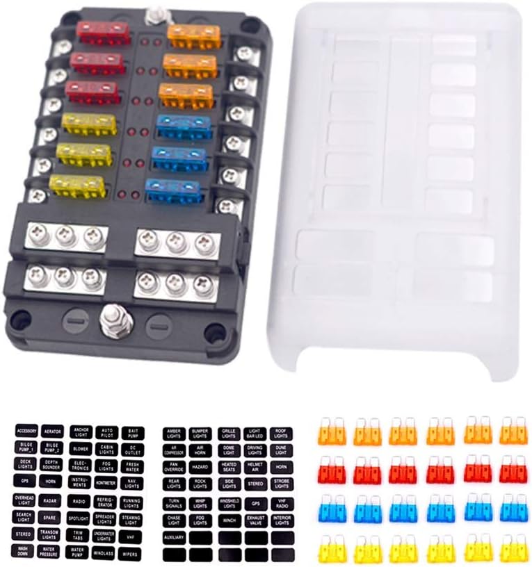 12-Way Fuse Block With ground, 12 Circuit ATC/ATO Fuse Box Holder with negative bus, Protection Cover & LED Light Indication, Bolt Terminals, 70 pcs Stick Label, For Auto Marine, Boat,With 24 pcs Fuse