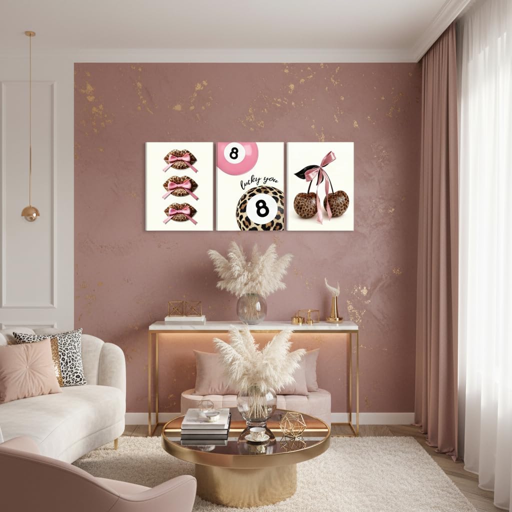 Y2K Pink Leopard Wall Art Set of 3 Baddie Coquette Bow Cherry Lucky 8 Ball Posters, Hot Girl Aesthetic Pink & Black Room Decor for Teen Girls Bedroom Dorm 12x16in Framed