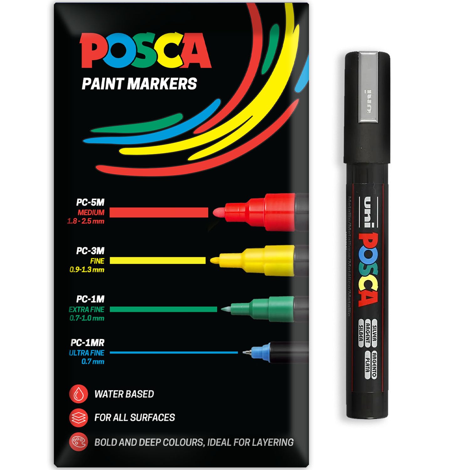 Posca Water Based Acrylic Paint Marker Pens | Multi Surface Use Permanent Paint Pen | Pack of 1 in Envelope Gift Packaging | Glass, Fabric, Canvas, Wood etc | PC-5M, Silver