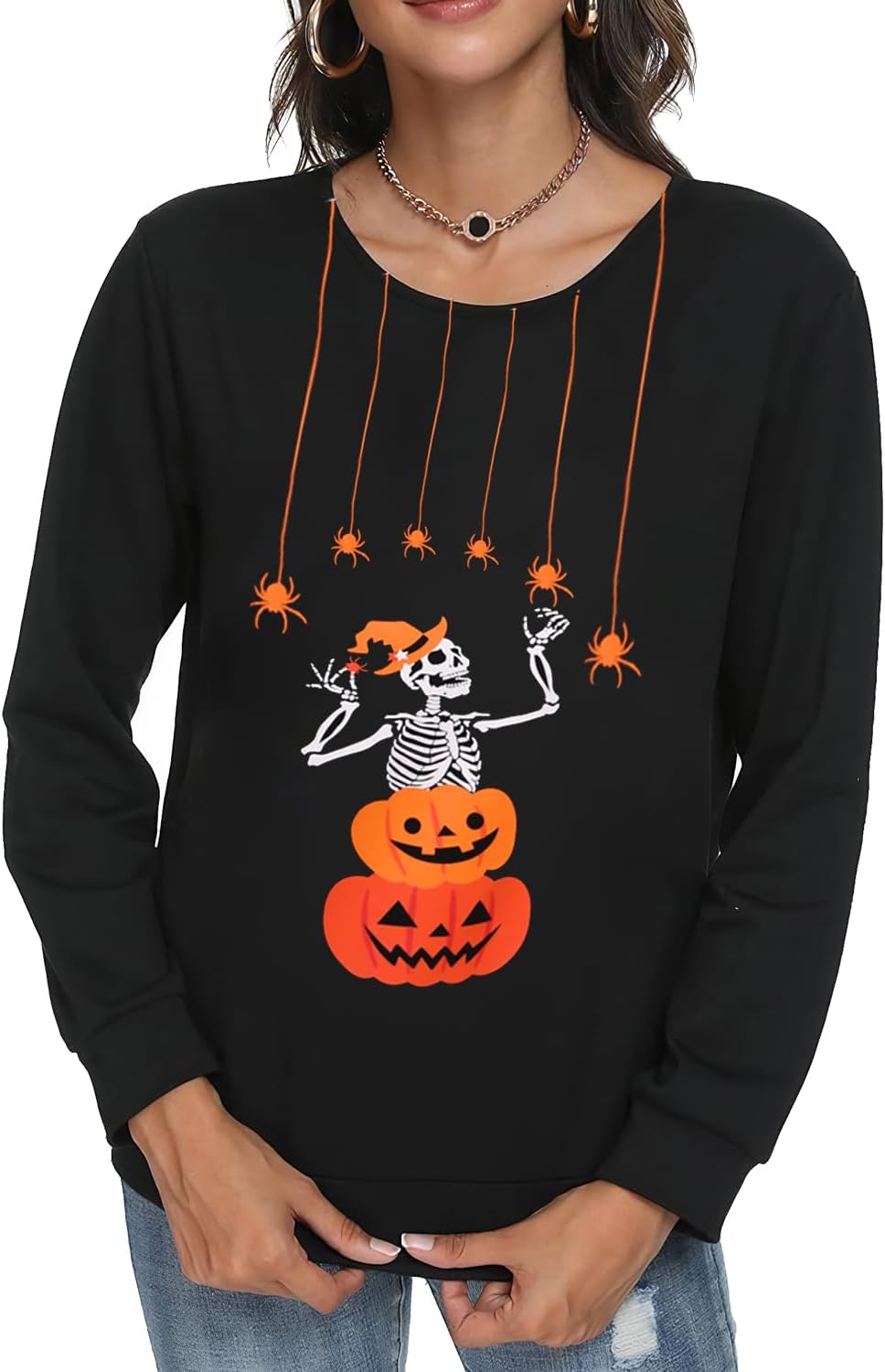 Women Halloween Sweatshirts Pumpkin Face Dancing Skeleton Shirt Long Sleeve Sweater Funny Graphic Pullover - Image 6