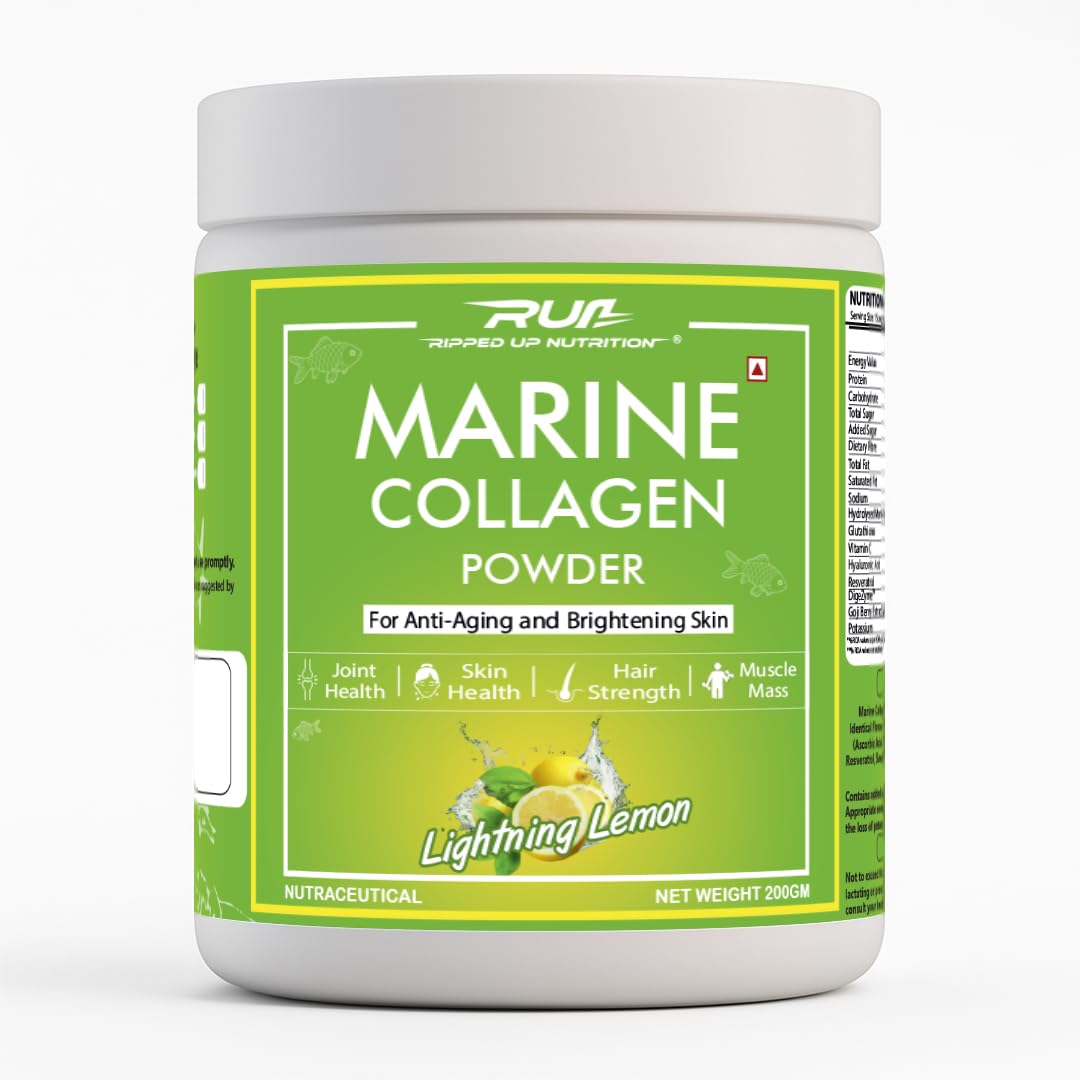 Ripped Up Nutrition Marine Collagen - 200g, | 8.9g Pure Collagen, 200mg Glutathione, 50mg Goji Berry | Clinically Proven Formula | Skin Glow, Anti-Aging, Hydration, Hair & Nail Health | No Fishy Smell (200Gm, Lightning Lemon)