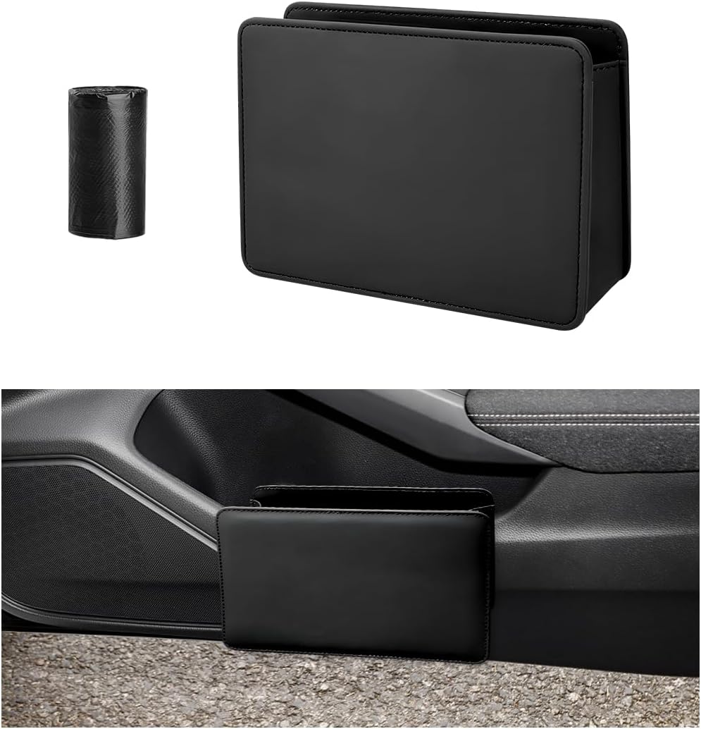 Car Trash Can, Foldable Leather Automotive Garbage Bin Organizer Holder with One Roll Trash Bag, Multi-Function Mini Hanging Dustbin Storage Bag Container for SUV Truck RV (Black)