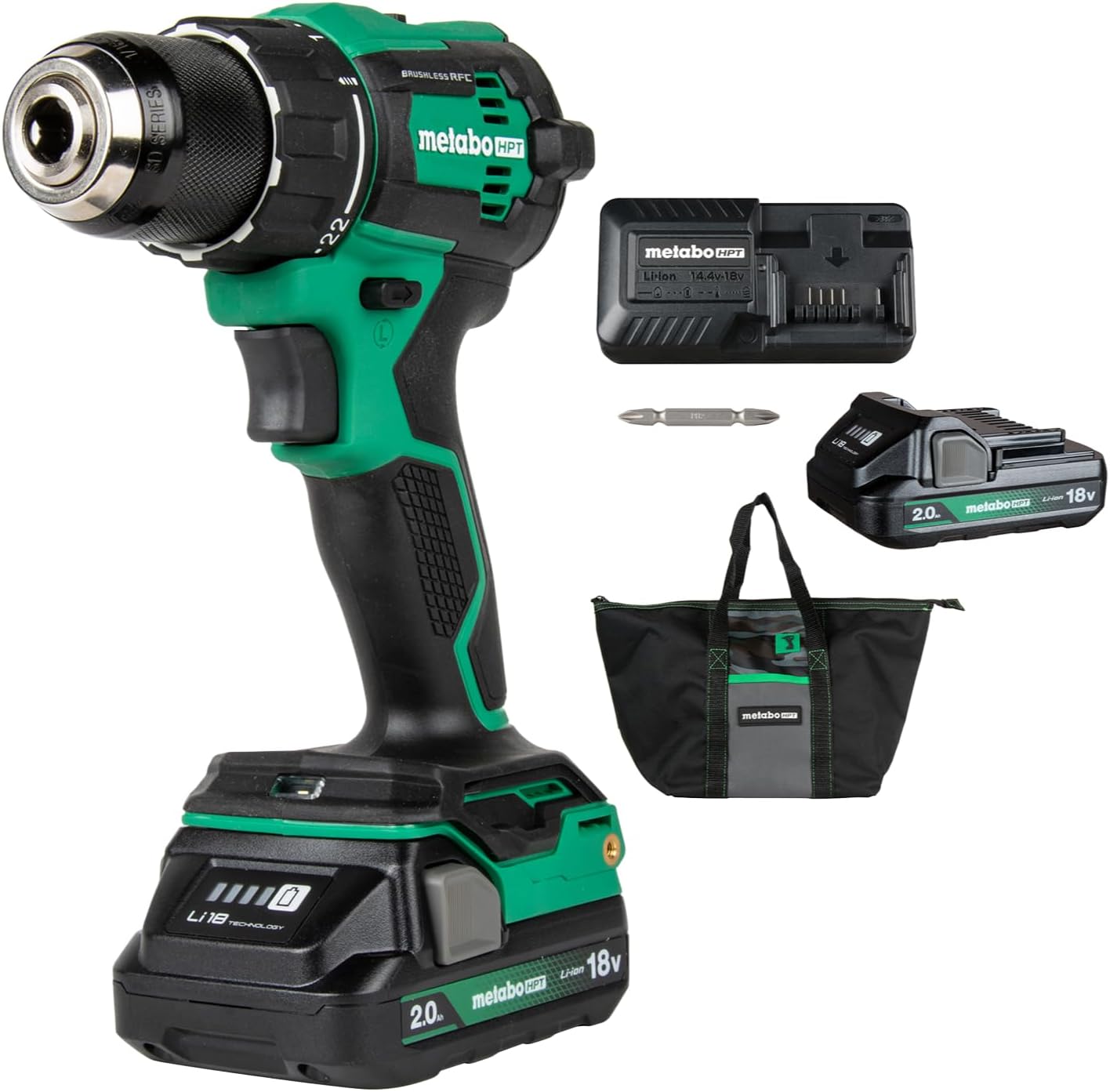 Metabo HPT 18V MultiVolt 1/2" Cordless Brushless Driver Drill Kit, High Power Drill Set with Bag, 2 Lithium-Ion Metabo Batteries and Charger, Compact Lightweight Power Driver, DS18DEX