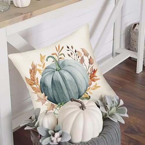 Miniatura 5 de Xihomeli Fundas de almohada de calabaza azul otoñal de 18 x 18 pulgadas, diseño de acuarela de calabaza y hojas de arce, fundas de almohada