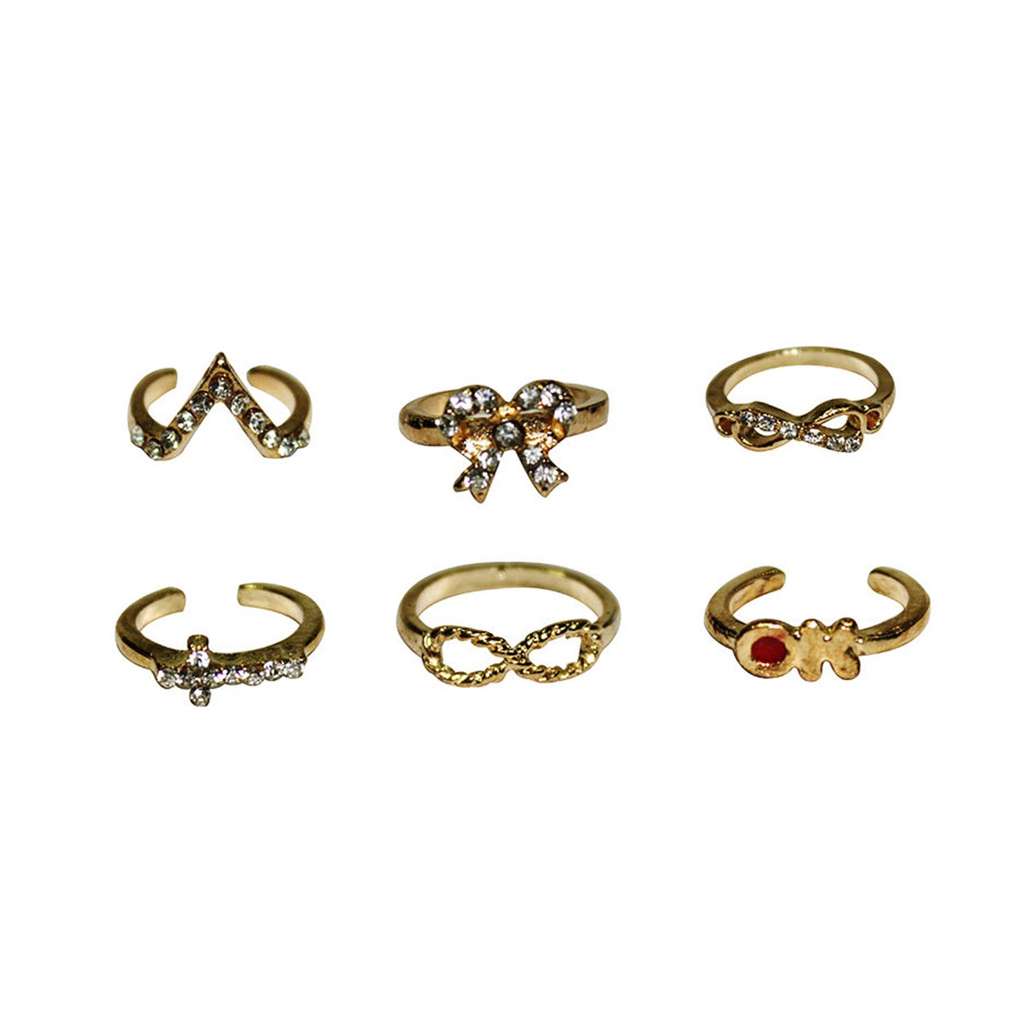 Young & ForeverMothers Day Gifts Elite Collection Gold Plated Punk Bow Knot Infinity Cross Crystal Stack Knuckle Midi Rings (Set of 6) for Women