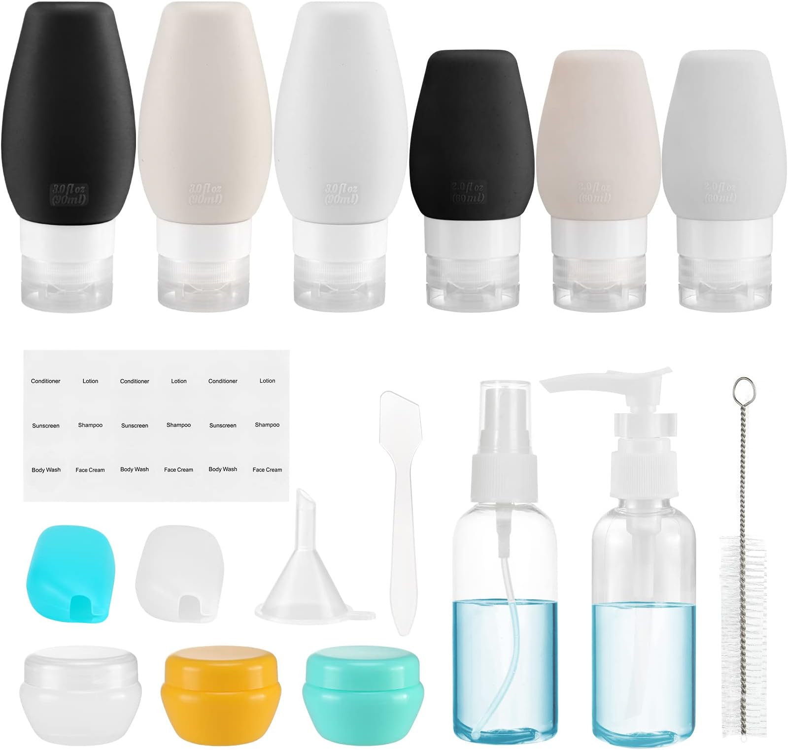 Beveetio 18 Pack Travel Bottles TSA Approved Containers,3oz + 2oz Leak Proof Travel Accessories Toiletries,BPA Free Silicone Squeezable Travel Tubes for Cosmetic Shampoo Conditioner Lotion Soap