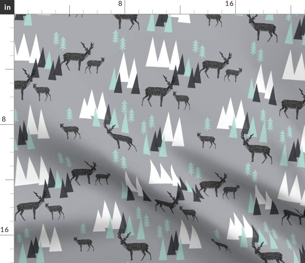 Spoonflower Fabric - Mountain Deer Charcoal Gray Mint Triangles Kids Outdoors Camping Printed on Petal Signature Cotton Fabric Fat Quarter - Sewing Quilting Apparel Crafts Decor