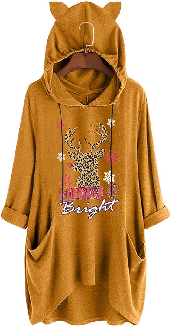 Amazon 宝の屋 クリスマスプルオーバーパーカー ヒョウーエルク柄ドレス レディース 猫耳フード付き 長袖ワンピース ロングトレーナ ルーズトップドレス 肌触りよく ルームウェア パジャマ セーター 通販