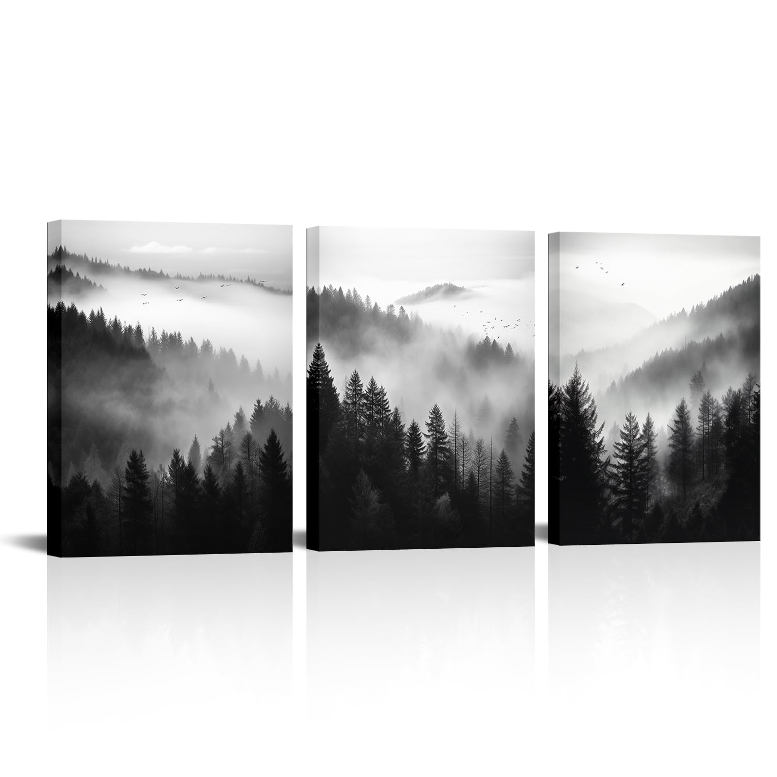 YeiLnm Foggy Forest Canvas Wall Art Black and White Pine Trees Mountain Landscape Paintings Pictures Artwork for Living Room Bedroom Office Decor