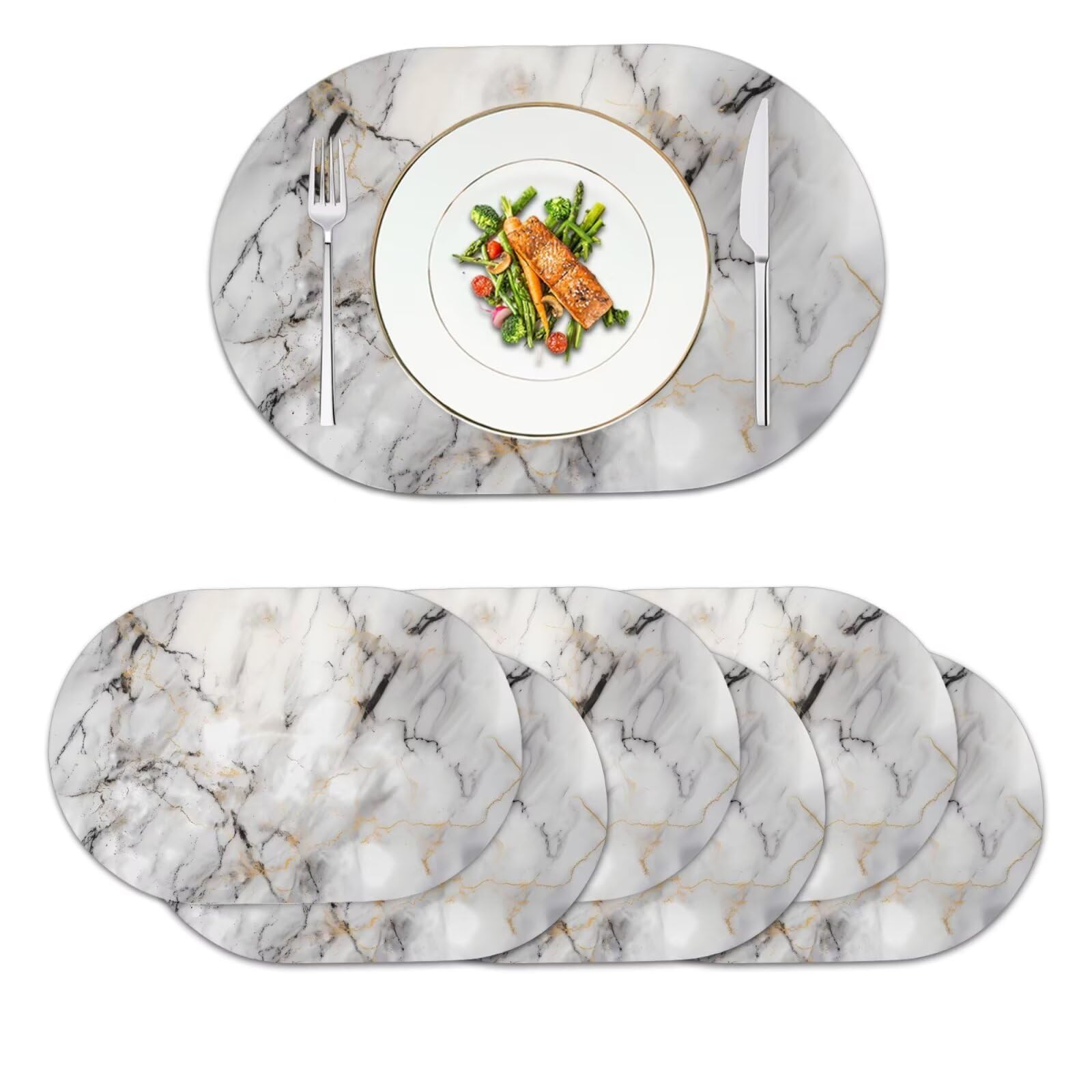 Flashideas White Marble Placemats Set of 6 Oval Heat Resistant Placemats Faux Leather Placemats for Round Table Kitchen Table Mat Wipeable Thick