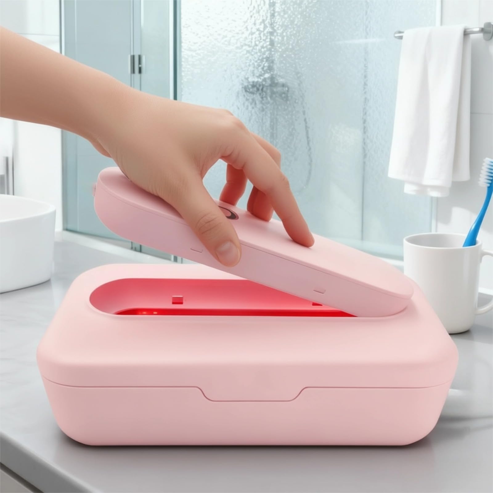 Scatola disinfettante a luce rosa con tubo luminoso e disinfezione al triossigeno, organizer per purificazione automatica per pennelli da trucco e telefoni, scatola disinfettante portatile