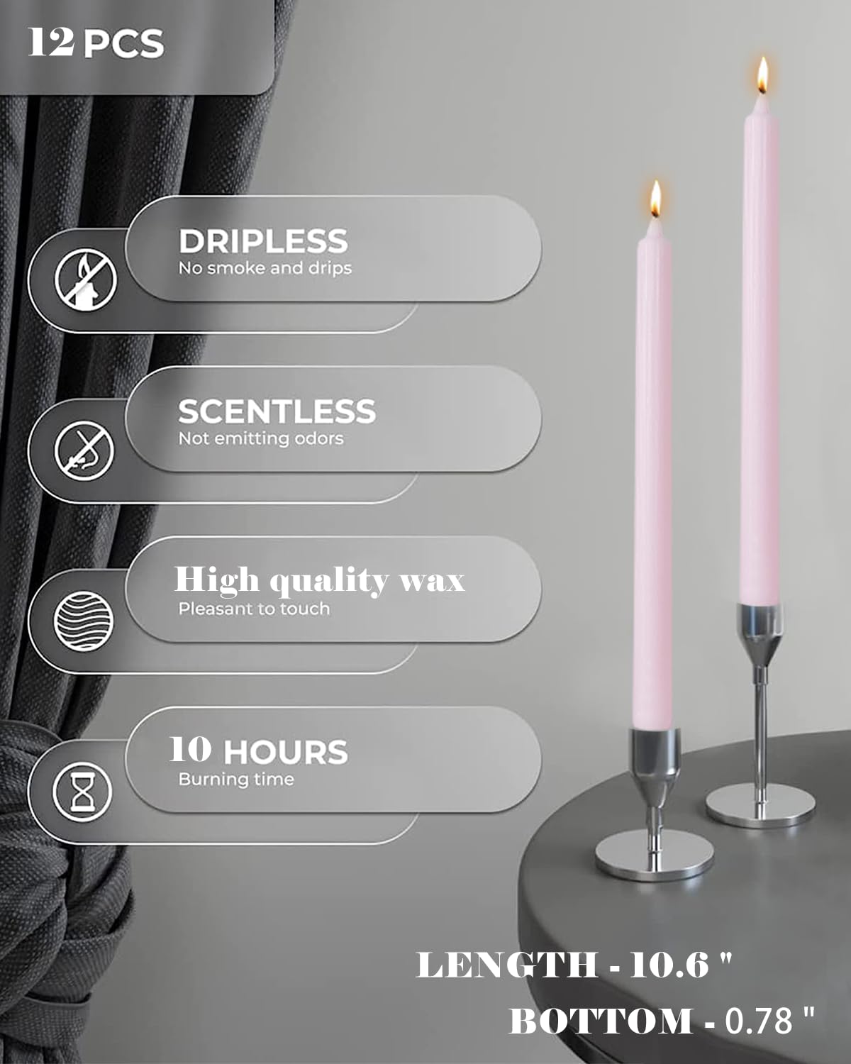 Ribbed Taper Candles Pink Set of 12 Unscented, Dripless, Smokeless Long Tall Tapered Candlesticks Wedding Advent Home Decor Dinner Christmas-Natural Color Series-10.6 Inch