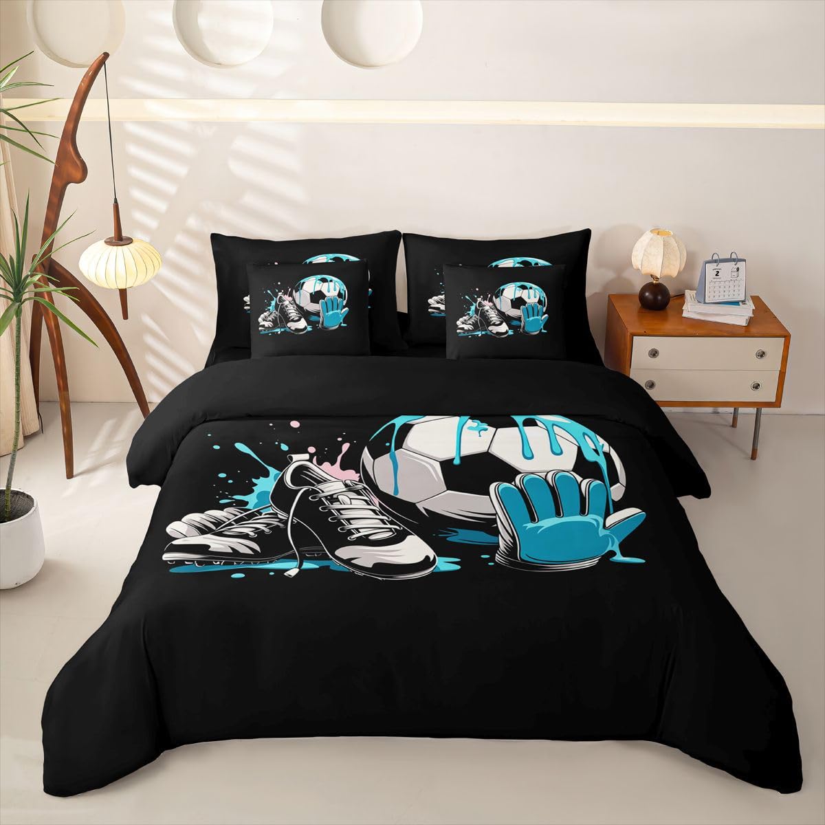 Loussiesd Juego de funda de edredón de fútbol de 7 piezas, tamaño King, juego de ropa de cama para niños y niñas, con funda de edredón, sábanas, fundas de almohada, fundas de cojín