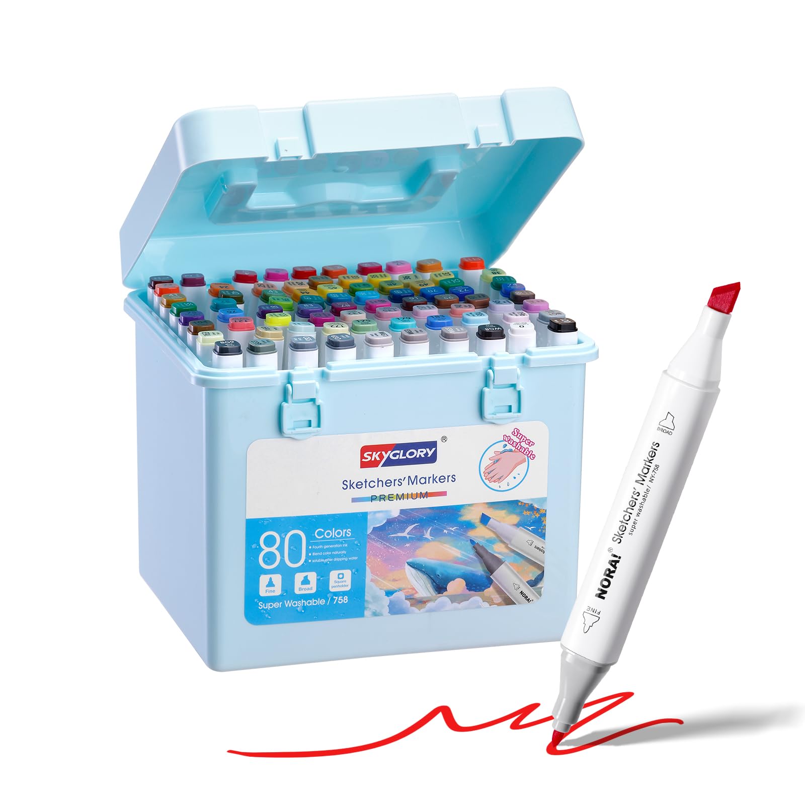 SKYGLORY 80 Colours Washable Water Based Markers, Non-Toxic & Easy Clean Marker Pens with Durable Storage Tubs for Artist Beginner (Blue Case)