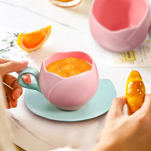 Miniatura 3 de UPKOCH Juego de tazas de café de cerámica con diseño de tulipán retro con platillos para uso diario en la cocina