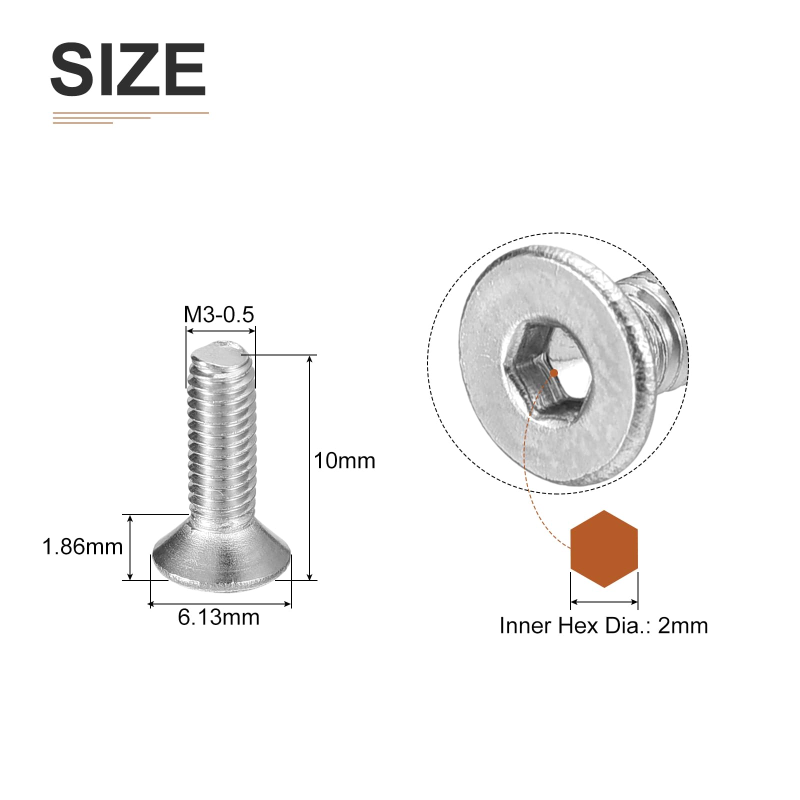 DTGN M3-0.5 x 10mm Flat Head Socket Cap Screws, 100 Pack 304 Stainless Steel Hex Socket Flat Head Screws, Full Thread - Image 2