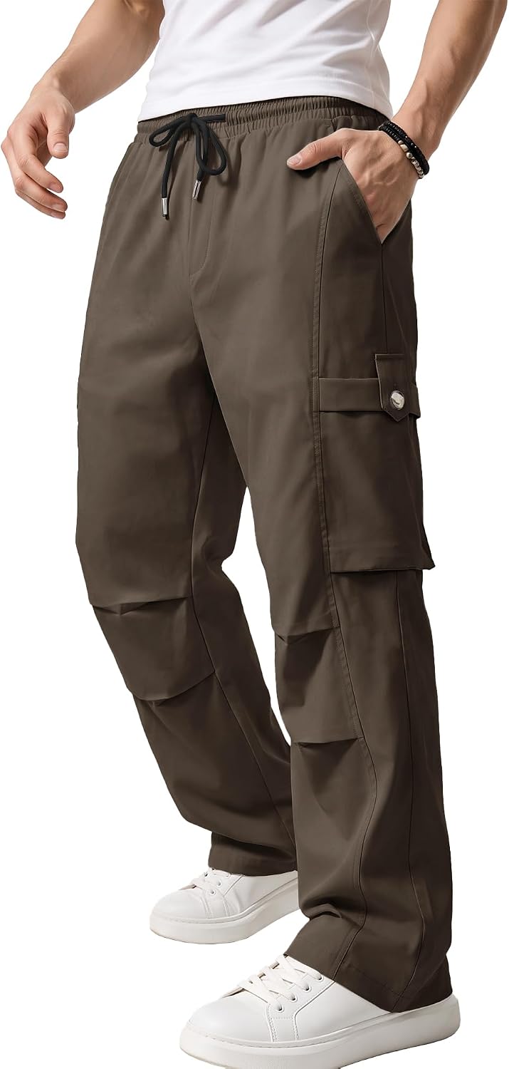 PLEPAN Mens Casual Cargo Pants with Double Knee Pleats