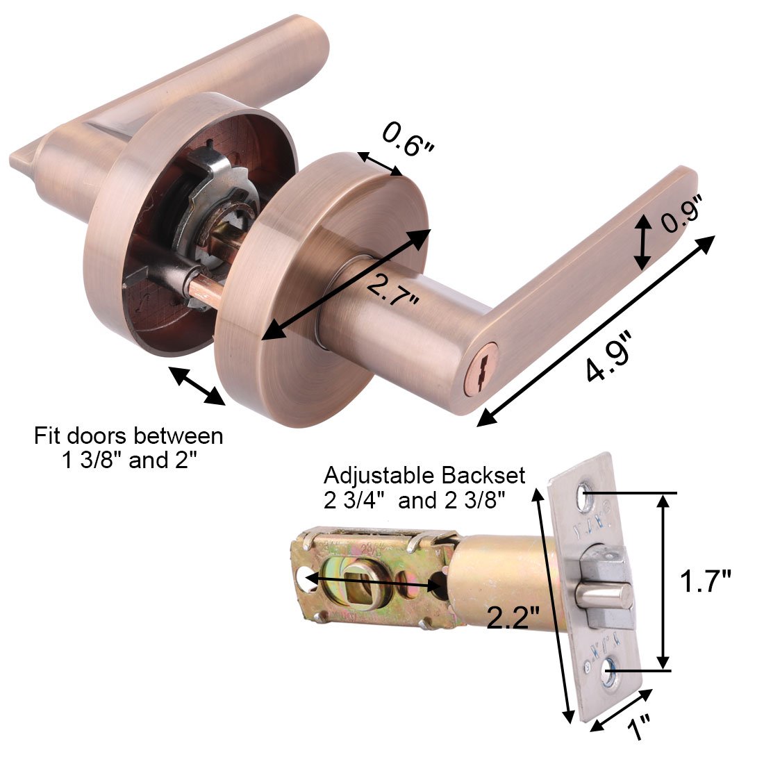 Ruilogod Set di manopola con manopola con manopola portachiavi ingresso (serratura con tre chiavi), ufficio camera da letto o porta anteriore, finitura in rame antico, reversibile per il lato destro o